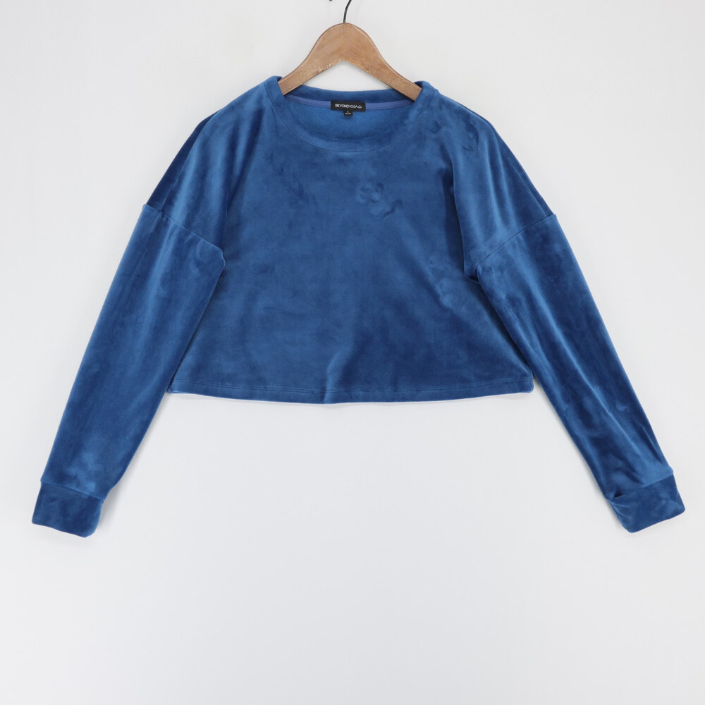 Beyond Yoga Brushed Up Pullover Womens S Blue Cropped Crewneck Velour